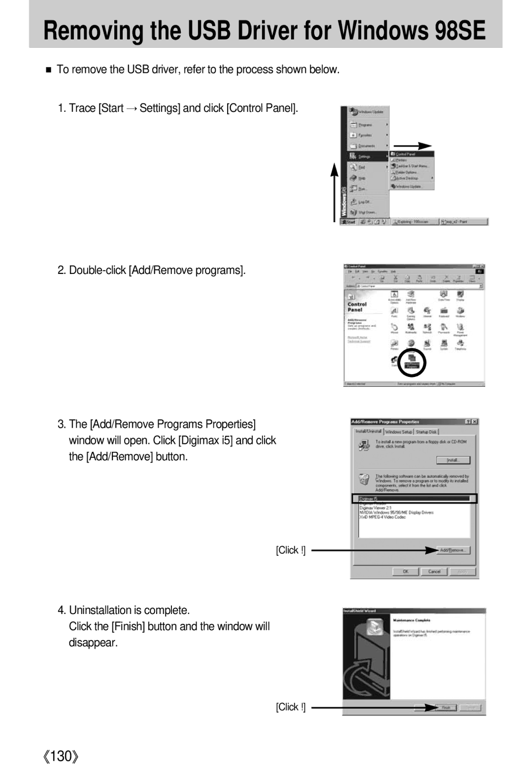 Samsung EC-I5ZZZRBA/US, EC-I5ZZZSBB/GB, EC-I5ZZZSBC/DE, EC-I5ZZZSBC/E1 manual Removing the USB Driver for Windows 98SE 