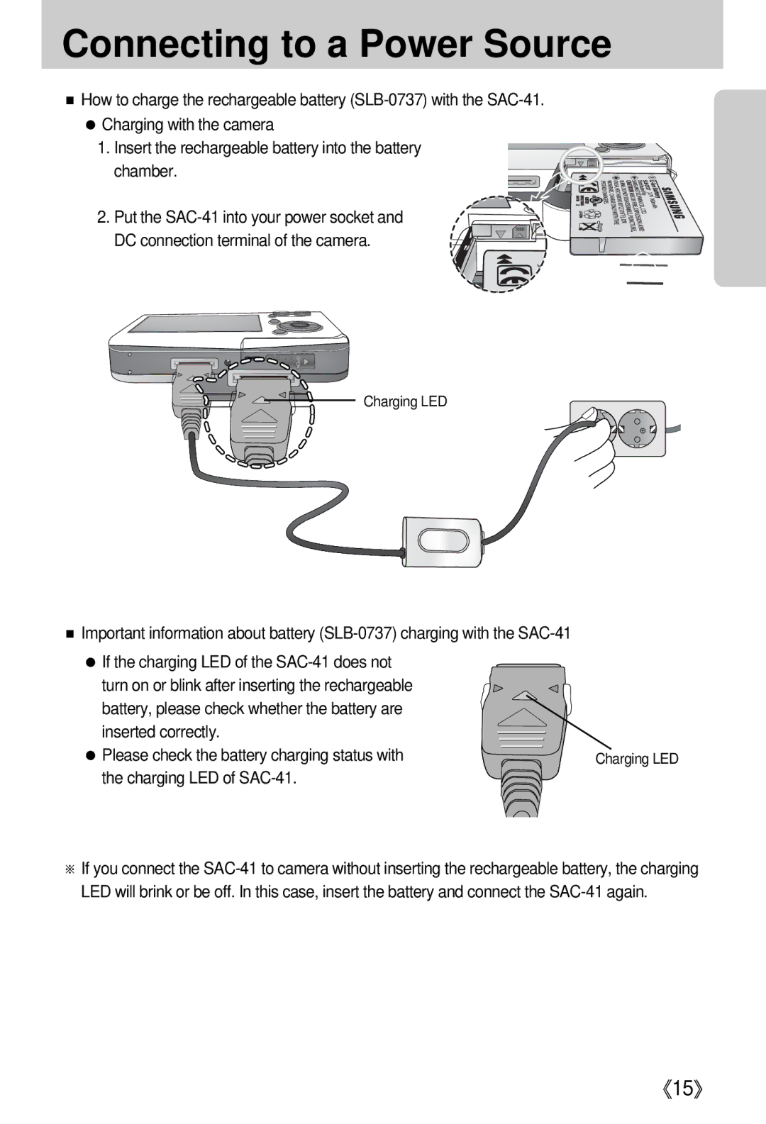 Samsung EC-I5ZZZBBA/FR, EC-I5ZZZRBA/US, EC-I5ZZZSBB/GB, EC-I5ZZZSBC/DE Connecting to a Power Source, Charging LED of SAC-41 