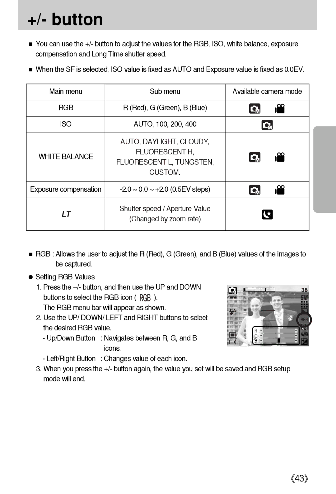 Samsung EC-I5ZZZSBB/DE, EC-I5ZZZRBA/US, EC-I5ZZZSBB/GB manual +/- button, Fluorescent H Fluorescent L, Tungsten Custom 