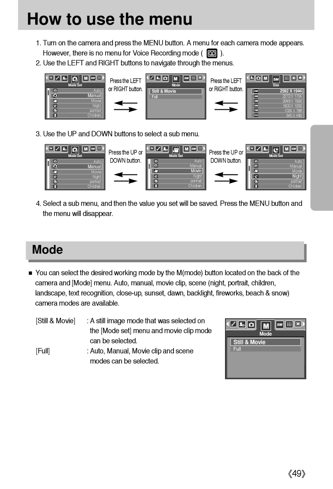 Samsung EC-I5ZZZSBA/FR manual How to use the menu, Mode, Use the UP and Down buttons to select a sub menu, Can be selected 