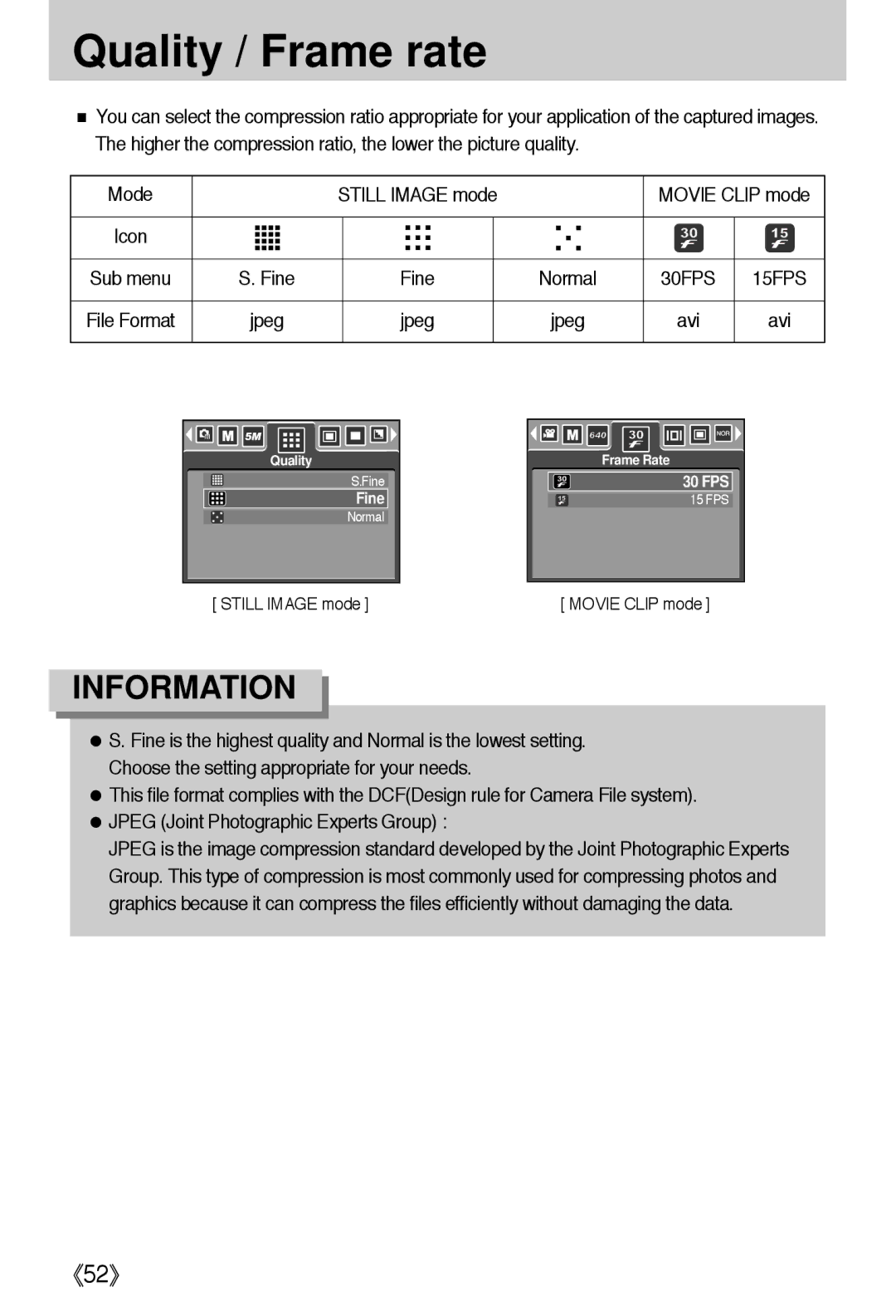 Samsung EC-I5ZZZRBA/US, EC-I5ZZZSBB/GB, EC-I5ZZZSBC/DE, EC-I5ZZZSBC/E1, EC-I5ZZZBBA/AS manual Quality / Frame rate, Avi 