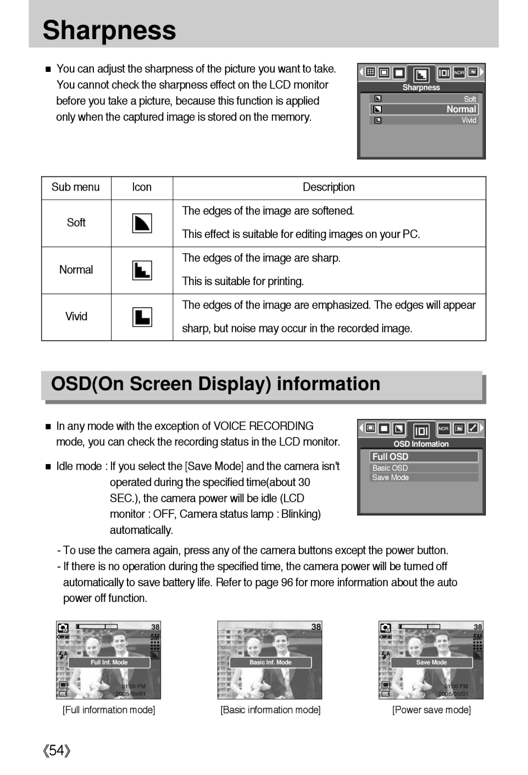 Samsung EC-I5ZZZSBC/DE, EC-I5ZZZRBA/US, EC-I5ZZZSBB/GB manual Sharpness, OSDOn Screen Display information, Sub menu Icon 