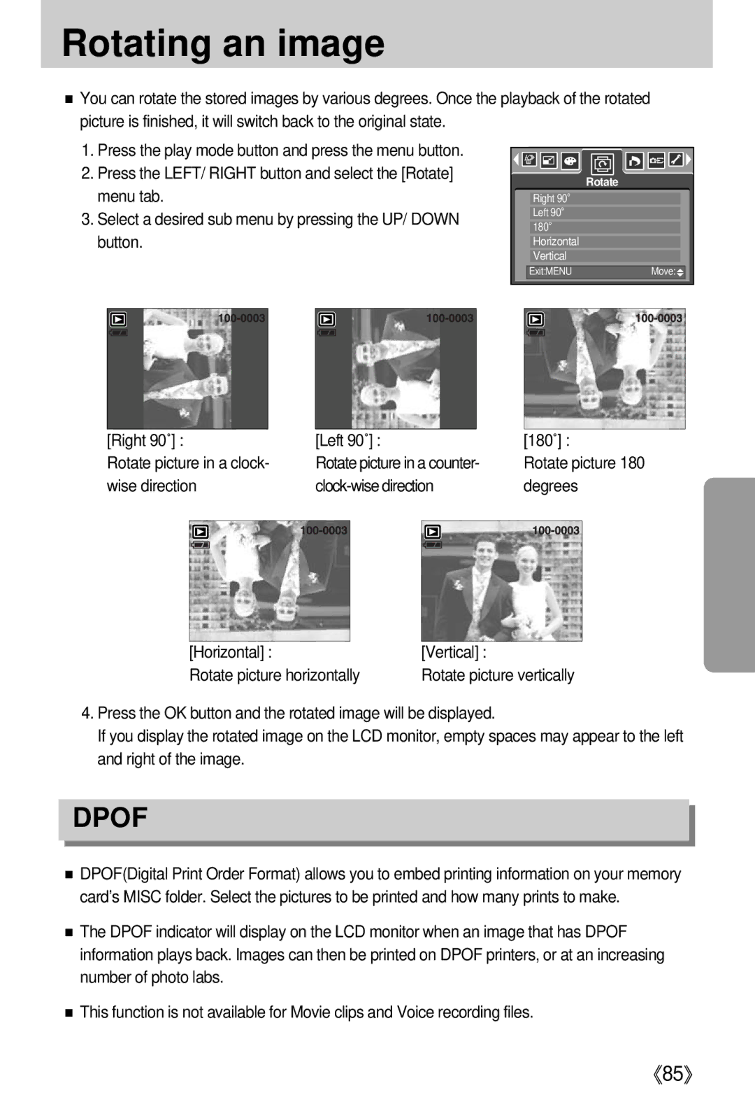 Samsung EC-I5ZZZRBA/FR, EC-I5ZZZRBA/US, EC-I5ZZZSBB/GB, EC-I5ZZZSBC/DE, EC-I5ZZZSBC/E1, EC-I5ZZZBBA/AS Rotating an image, Dpof 