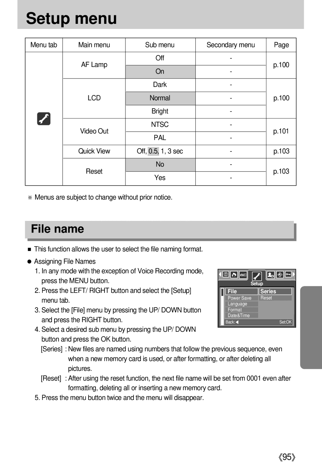 Samsung EC-I5ZZZSBB/DE, EC-I5ZZZRBA/US, EC-I5ZZZSBB/GB, EC-I5ZZZSBC/DE, EC-I5ZZZSBC/E1, EC-I5ZZZBBA/AS Setup menu, File name 