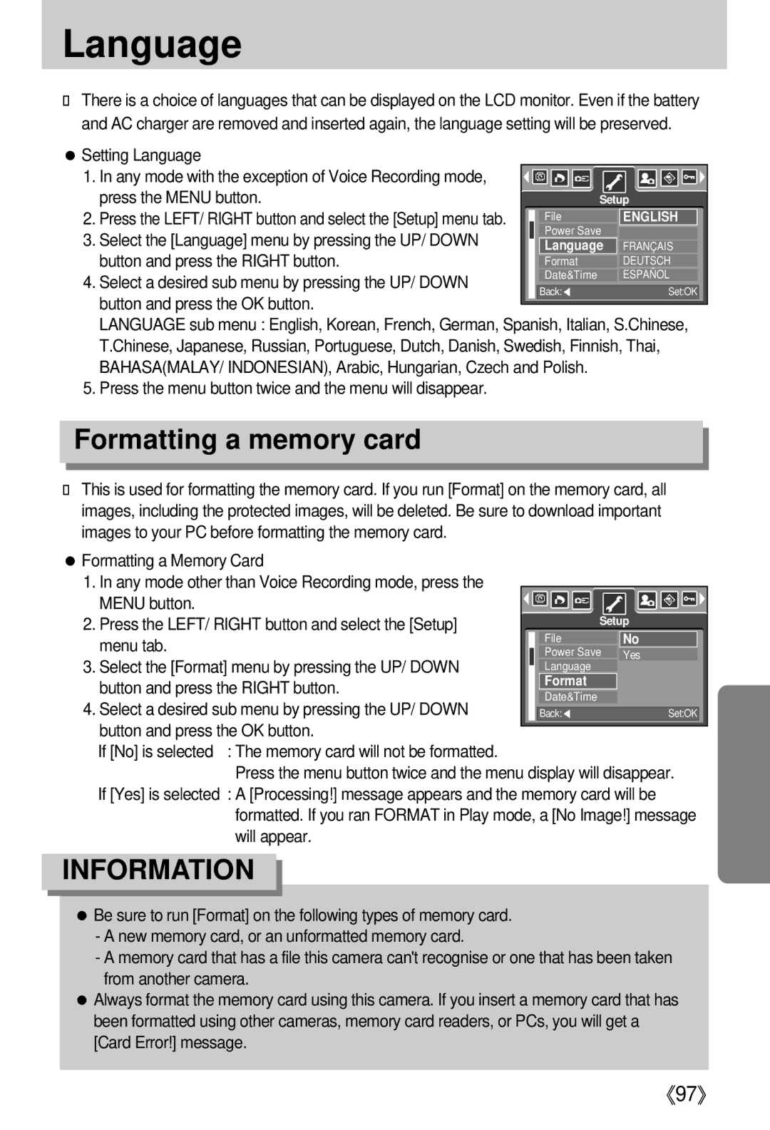 Samsung EC-I5ZZZRBB/AS Formatting a memory card, Setting Language, Select the Format menu by pressing the UP/ Down 