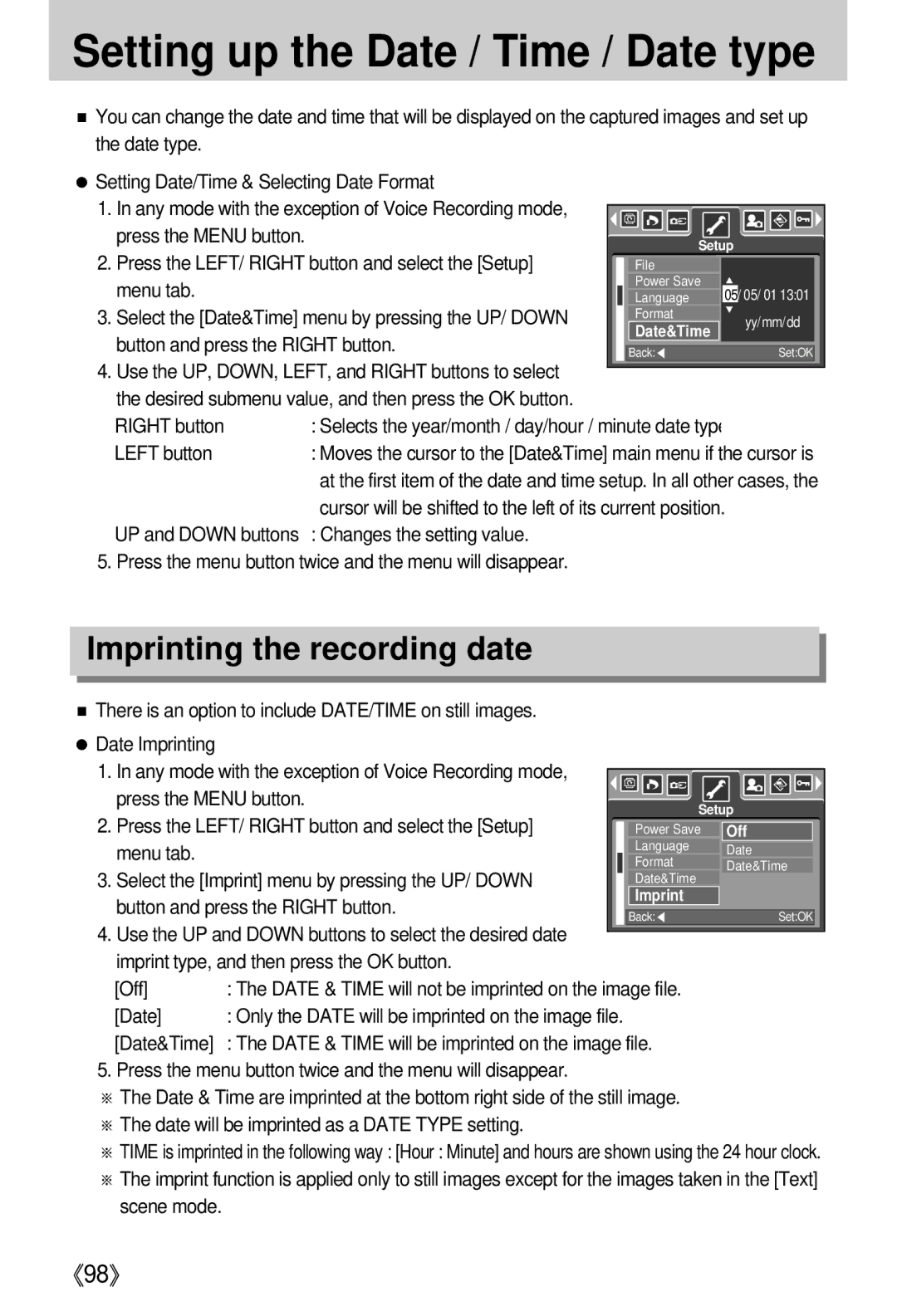 Samsung EC-I5ZZZSBA/US Setting up the Date / Time / Date type, Imprinting the recording date, Changes the setting value 