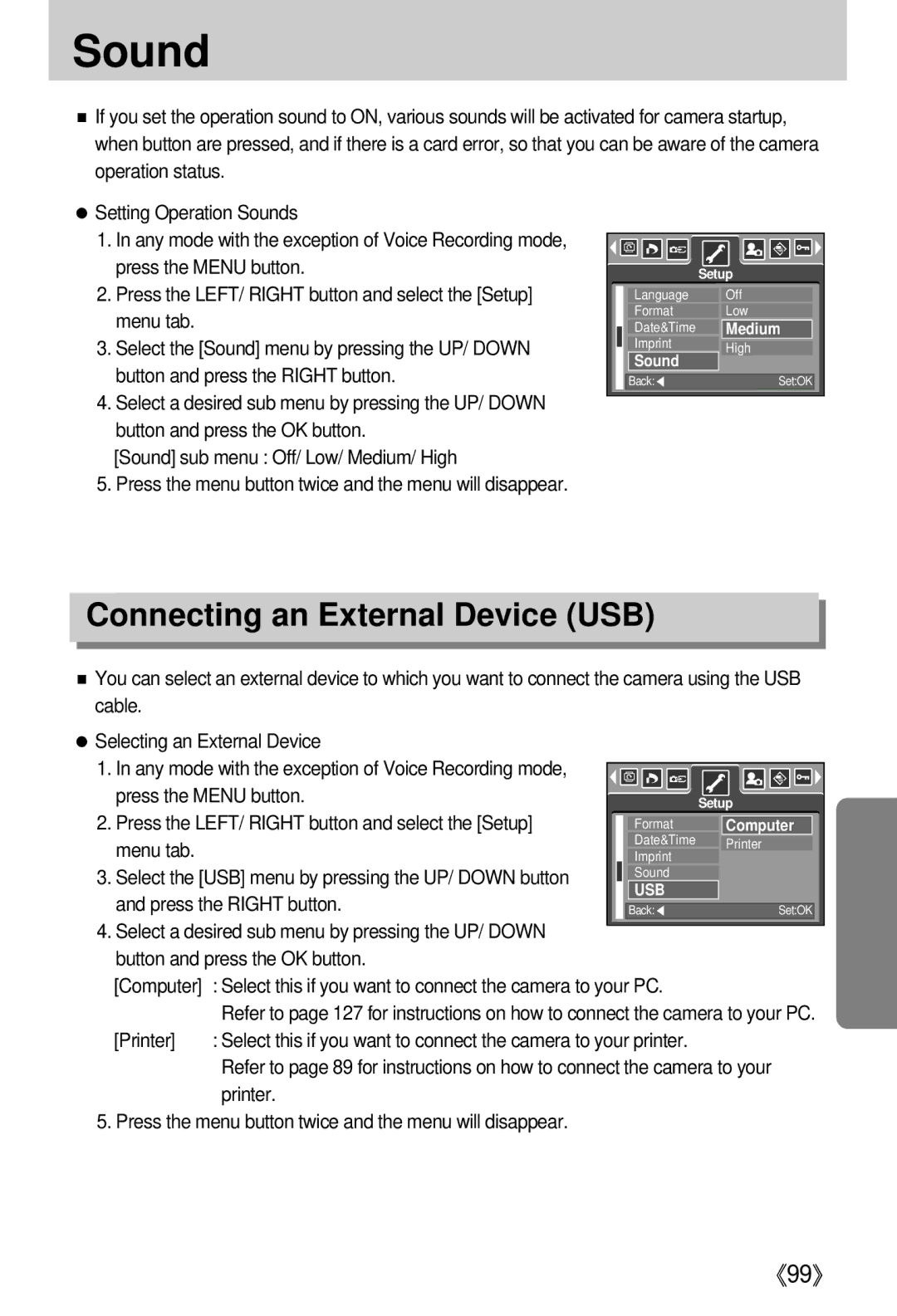 Samsung EC-I5ZZZSBB/US, EC-I5ZZZRBA/US, EC-I5ZZZSBB/GB, EC-I5ZZZSBC/DE manual Sound, Connecting an External Device USB 