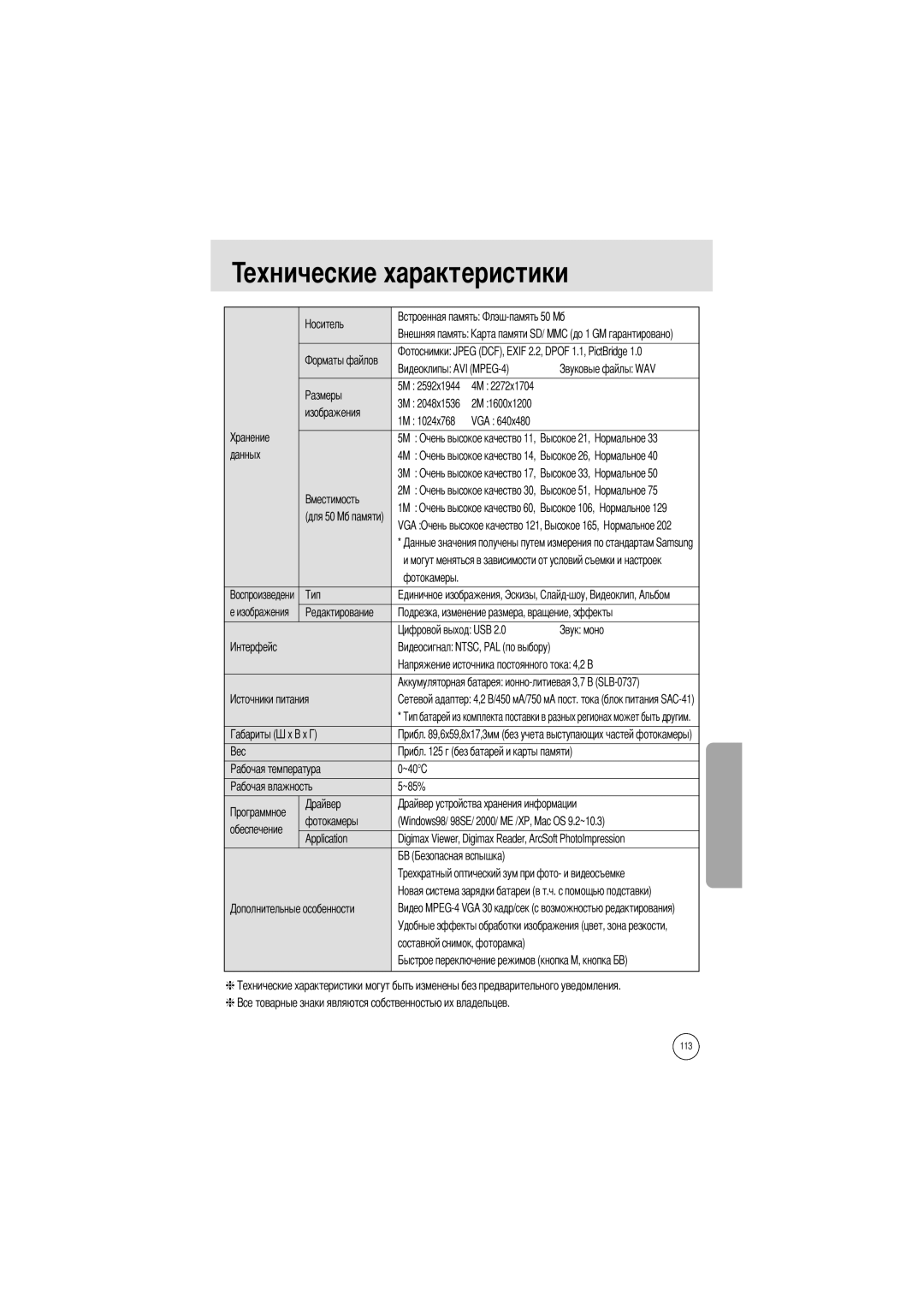 Samsung EC-I5ZZZSBA/GB manual Vga, Очень высокое качество, Windows98/ 98SE/ 2000/ ME /XP, Mac OS 9.2~10.3, Application 