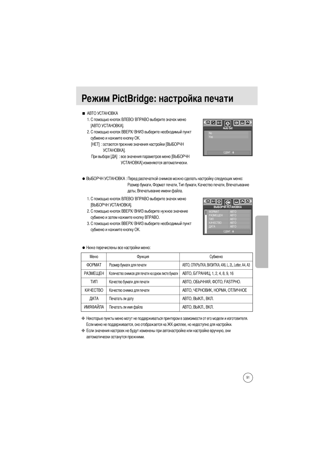 Samsung EC-I5ZZZSBA/E1, EC-I5ZZZRBA/US, EC-I5ZZZSBB/GB manual Ежим PictBridge настройка печати, Все значения параметров меню 