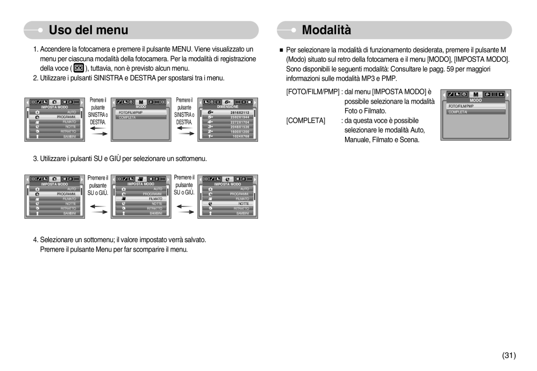 Samsung EC-I6ZZZBBB/DE, EC-I6ZZZBBB/E1 Uso del menu, Modalità, Utilizzare i pulsanti SU e GIÙ per selezionare un sottomenu 