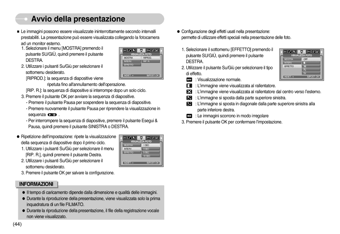 Samsung EC-I6ZZZBBB/E1, EC-I6ZZZBBB/DE manual Avvio della presentazione, Destra 