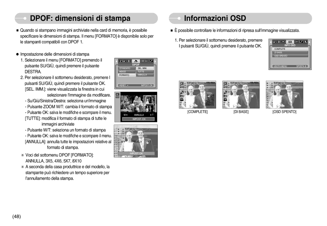 Samsung EC-I6ZZZBBB/E1, EC-I6ZZZBBB/DE manual Dpof dimensioni di stampa, Informazioni OSD 