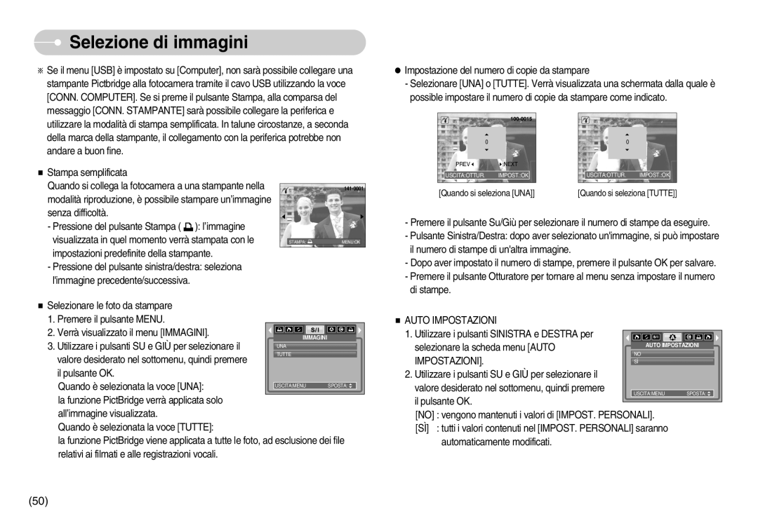 Samsung EC-I6ZZZBBB/E1 manual Selezione di immagini, Utilizzare i pulsanti SU e GIÙ per selezionare il, Auto Impostazioni 