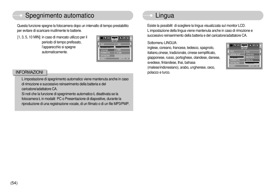 Samsung EC-I6ZZZBBB/E1, EC-I6ZZZBBB/DE manual Spegnimento automatico, Lingua 