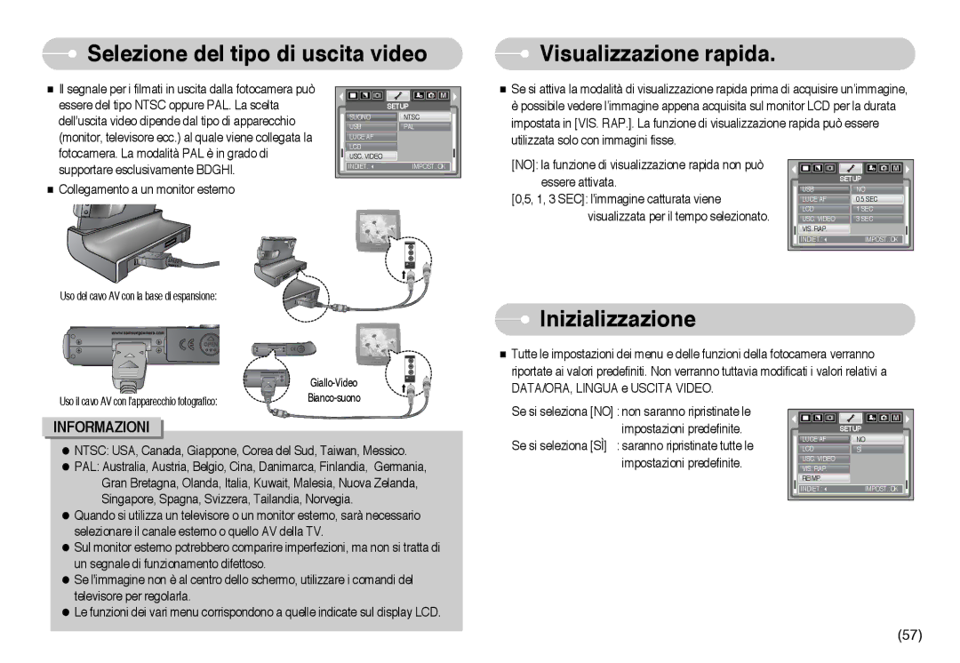 Samsung EC-I6ZZZBBB/DE, EC-I6ZZZBBB/E1 manual Selezione del tipo di uscita video Visualizzazione rapida, Inizializzazione 