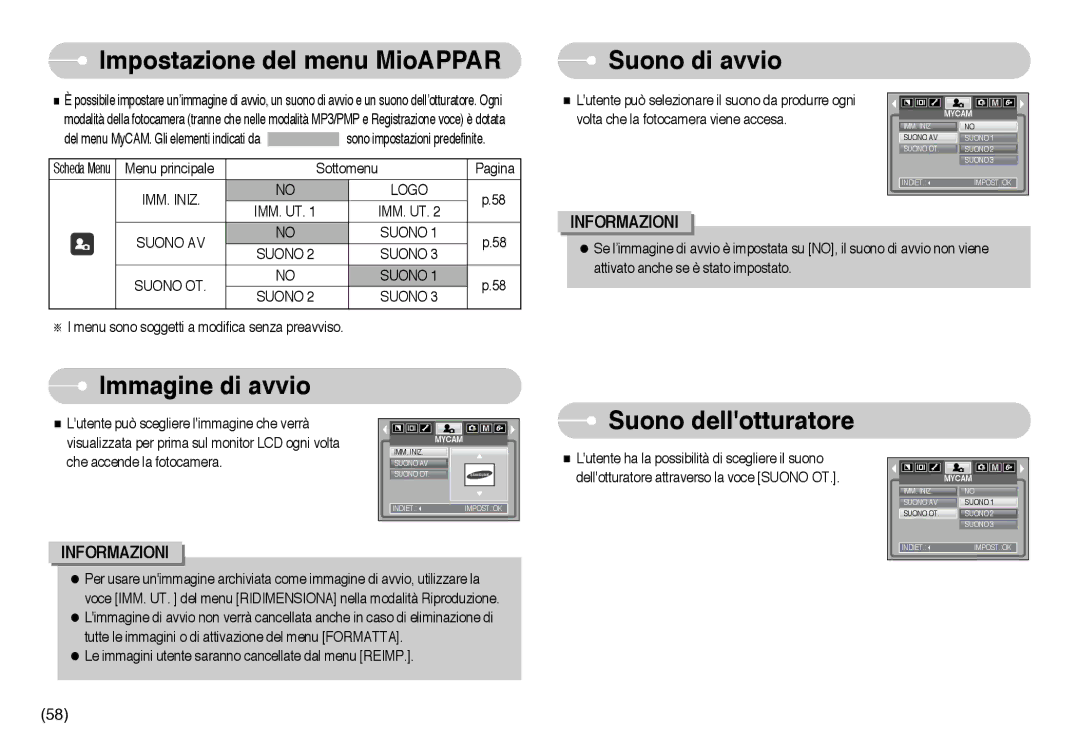 Samsung EC-I6ZZZBBB/E1 manual Impostazione del menu MioAPPAR, Suono di avvio, Immagine di avvio, Suono dellotturatore 