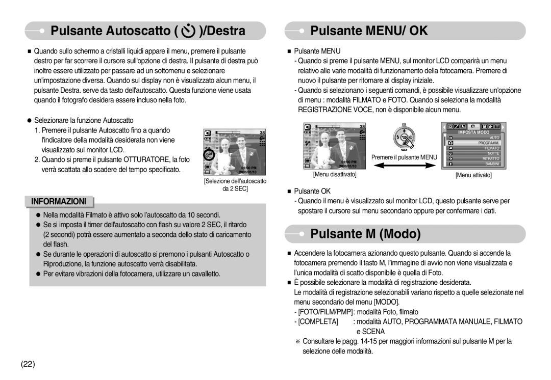 Samsung EC-I6ZZZBBB/E1, EC-I6ZZZBBB/DE manual Pulsante Autoscatto /Destra, Pulsante MENU/ OK, Pulsante M Modo, Informazioni 