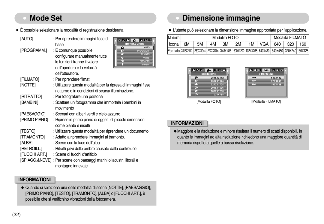 Samsung EC-I6ZZZBBB/E1 manual Mode Set, Dimensione immagine, Informationi, Informazioni, Modalità FOTO, Modalità FILMATO 