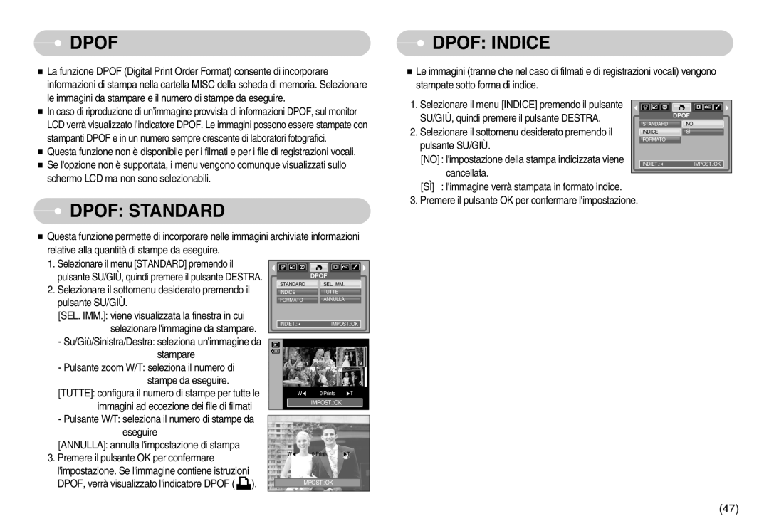 Samsung EC-I6ZZZBBB/DE, EC-I6ZZZBBB/E1 manual Dpof Standard, Dpof Indice, Sel. Imm, Prints 