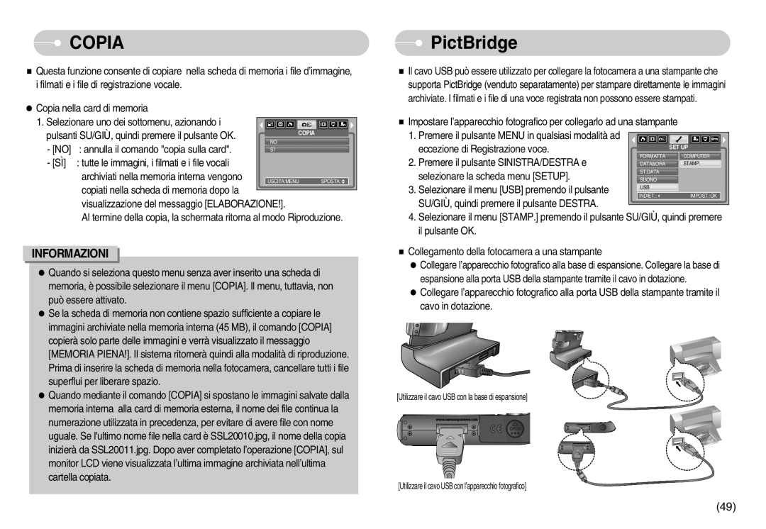 Samsung EC-I6ZZZBBB/DE manual Copia, PictBridge, Impostare l’apparecchio fotografico per collegarlo ad una stampante 