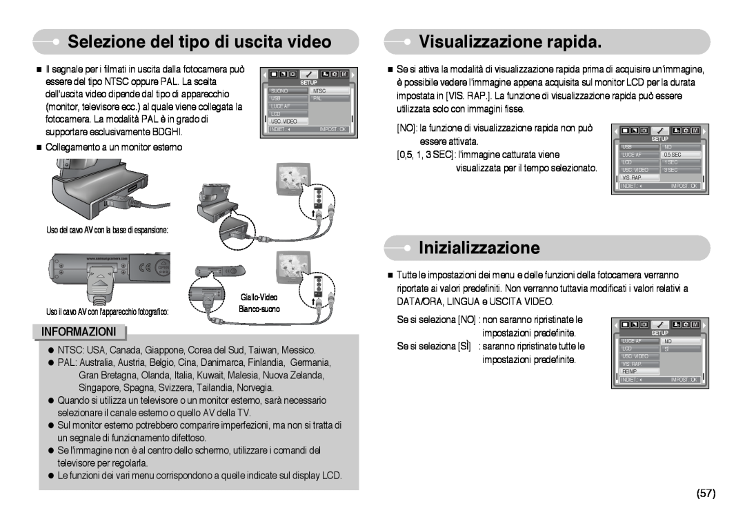 Samsung EC-I6ZZZBBB/DE manual Selezione del tipo di uscita video, Visualizzazione rapida, Inizializzazione, Informazioni 
