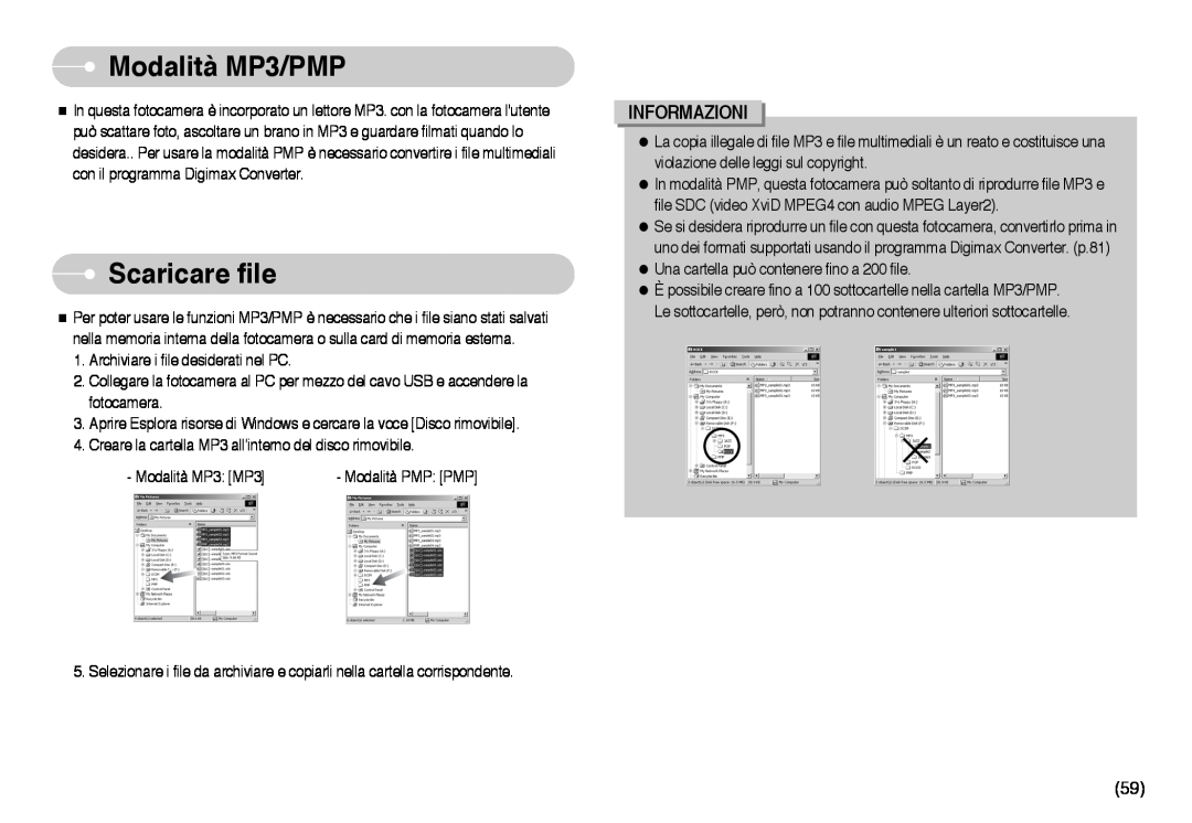 Samsung EC-I6ZZZBBB/DE, EC-I6ZZZBBB/E1 manual Modalità MP3/PMP, Scaricare file, Informazioni 