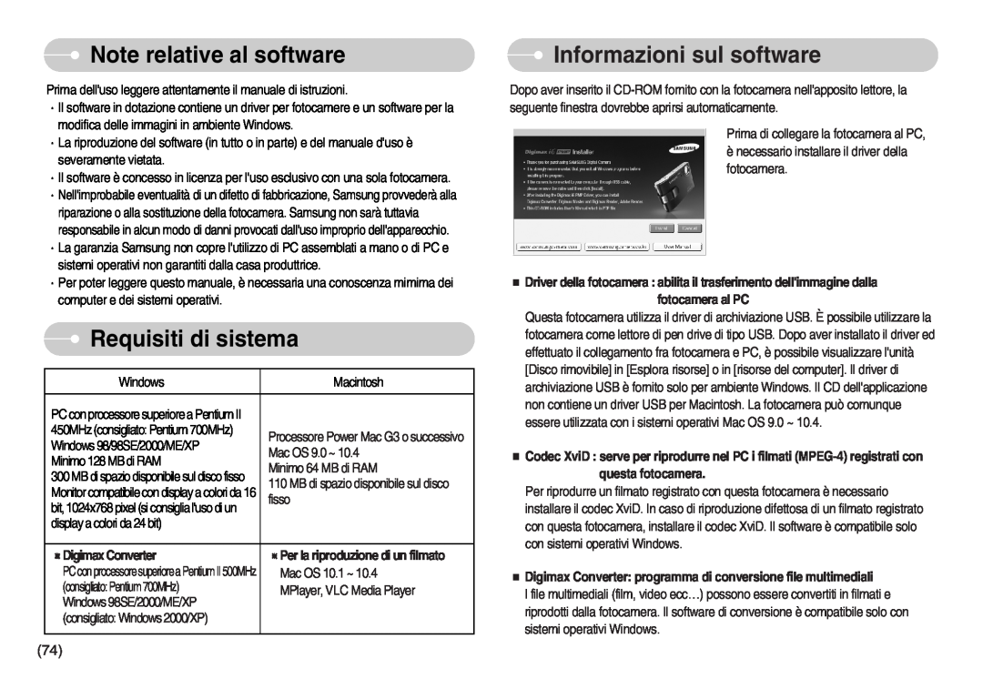 Samsung EC-I6ZZZBBB/E1 manual Note relative al software, Informazioni sul software, Requisiti di sistema, Digimax Converter 