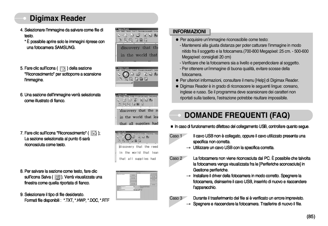 Samsung EC-I6ZZZBBB/DE, EC-I6ZZZBBB/E1 manual Domande Frequenti Faq, Digimax Reader, Informazioni 