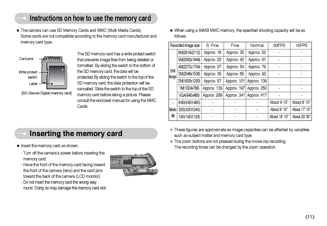 Samsung EC-I6ZZZSBA/GB, EC-I6ZZZSBB/FR, EC-I6ZZZBBB/FR, EC-I6ZZZSBA/FR, EC-I6ZZZBBA/FR Inserting the memory card, Fine Normal 