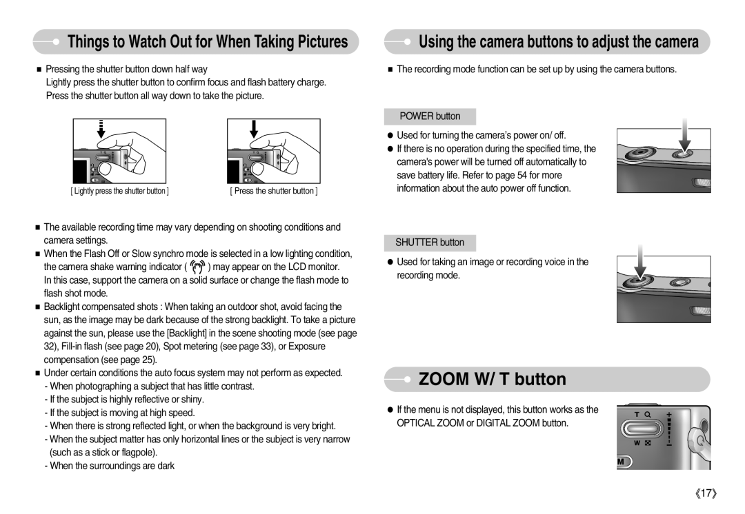 Samsung EC-I6ZZZABA/GB, EC-I6ZZZSBB/FR, EC-I6ZZZBBB/FR manual Zoom W/ T button, Things to Watch Out for When Taking Pictures 