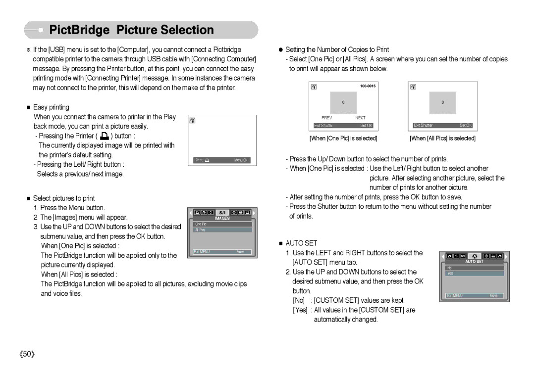 Samsung EC-I6ZZZSBA/DE, EC-I6ZZZSBB/FR, EC-I6ZZZBBB/FR, EC-I6ZZZSBA/FR, EC-I6ZZZBBA/FR manual PictBridge Picture Selection 