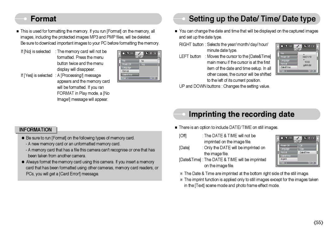 Samsung EC-I6ZZZSBA/US, EC-I6ZZZSBB/FR manual Format, Setting up the Date/ Time/ Date type, Imprinting the recording date 