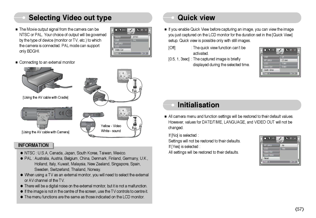 Samsung EC-I6ZZZSBC/GB, EC-I6ZZZSBB/FR, EC-I6ZZZBBB/FR, EC-I6ZZZSBA/FR Selecting Video out type Quick view, Initialisation 