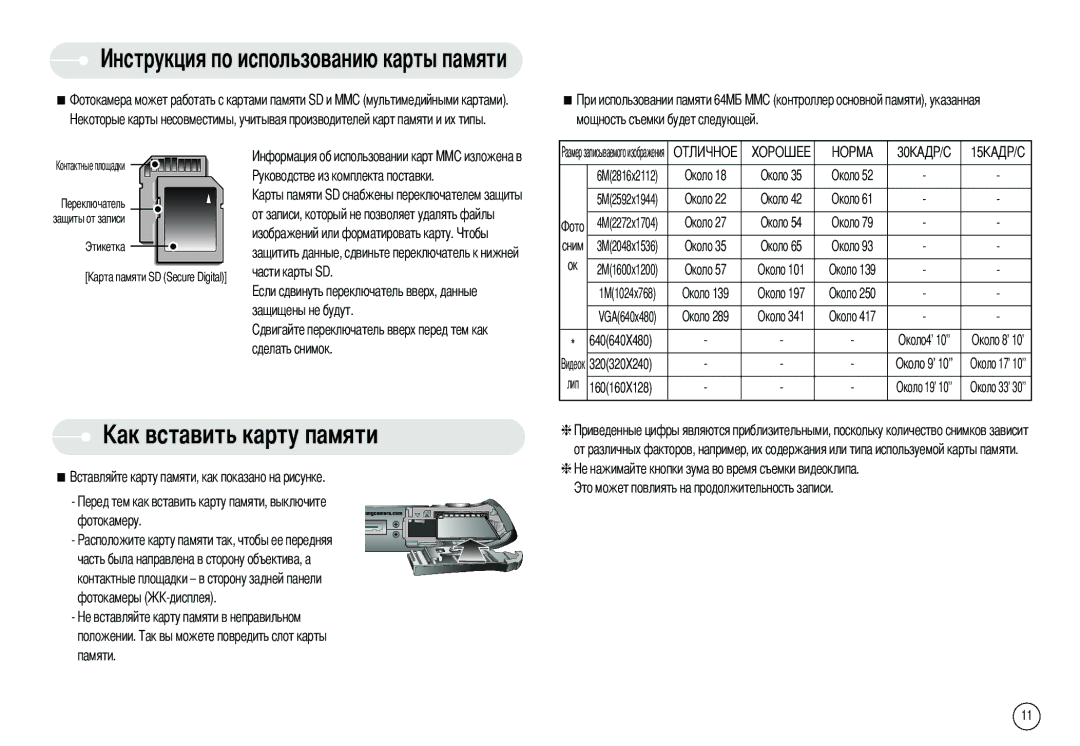 Samsung EC-I6ZZZSBA/GB, EC-I6ZZZSBB/FR Мощность съемки будет следующей, Фотокамеру, 640640X480, 320320X240, 160160X128 