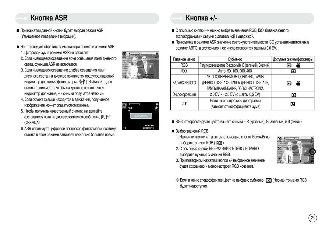 Samsung EC-I6ZZZBBA/DE, EC-I6ZZZSBB/FR, EC-I6ZZZBBB/FR manual Экспокоррекции и съемки с длительной выдержкой Режиме А, Rgb 