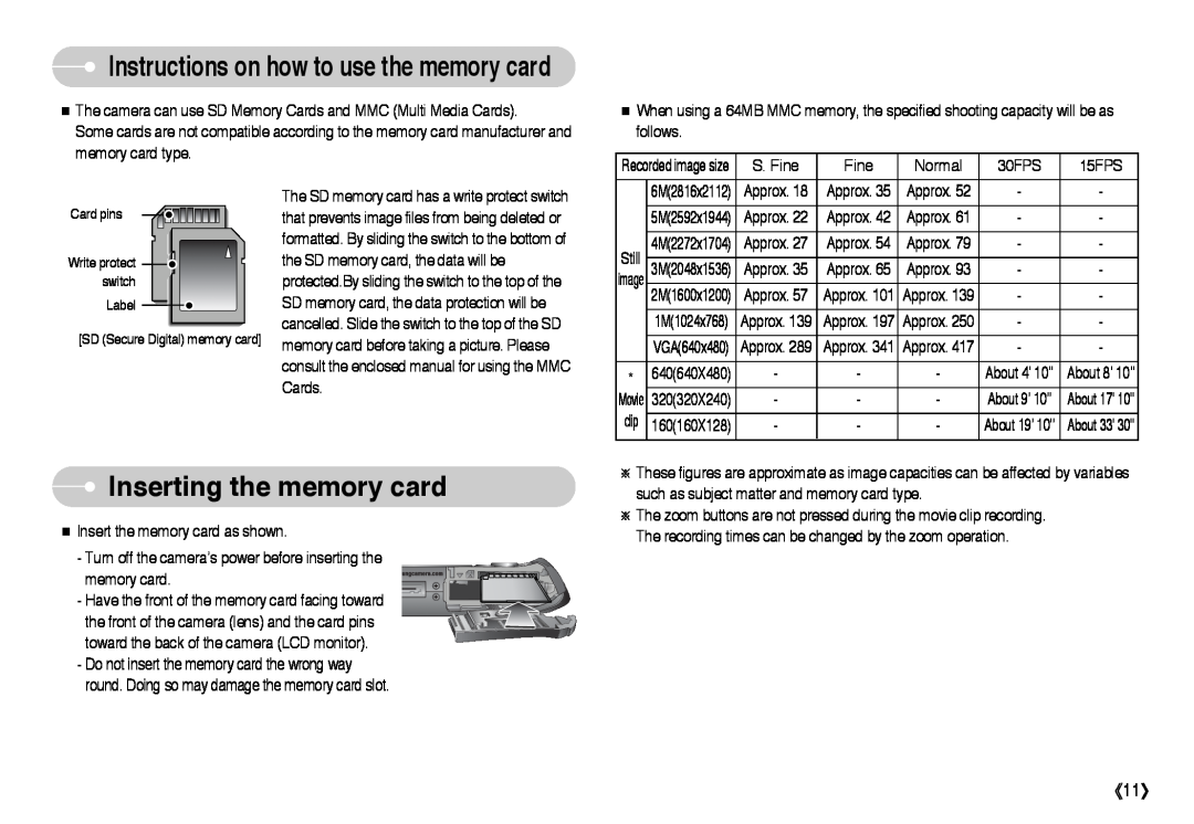 Samsung EC-I6ZZZSBA/GB, EC-I6ZZZSBB/FR Inserting the memory card, Fine, Normal, Instructions on how to use the memory card 