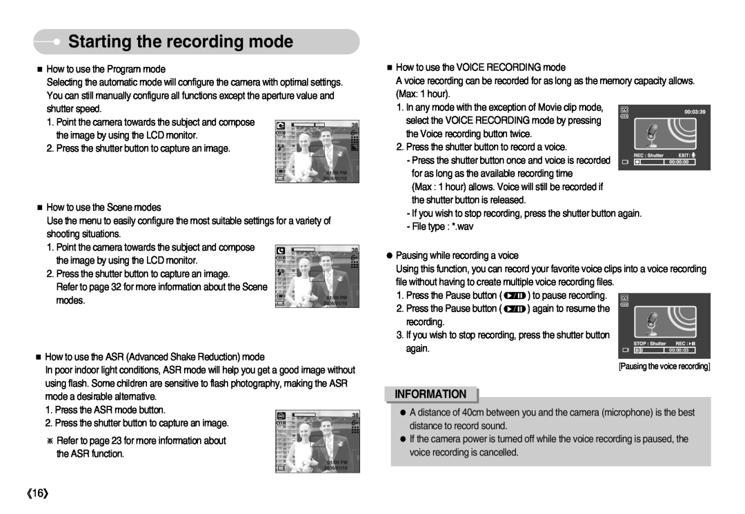 Samsung EC-I6ZZZABA/E1, EC-I6ZZZSBB/FR manual Starting the recording mode, Information, again, Pausing the voice recording 