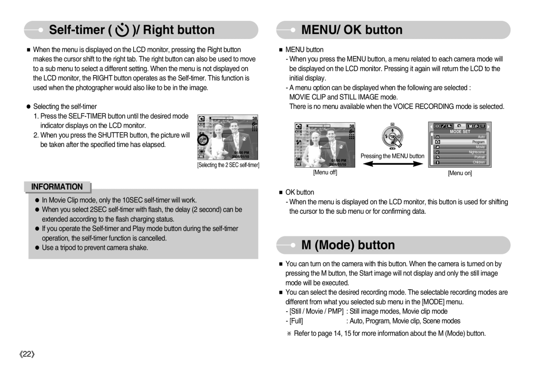 Samsung EC-I6ZZZBBA/AS, EC-I6ZZZSBB/FR, DIGIMAX-I6BL Self-timer / Right button, MENU/ OK button, M Mode button, Information 