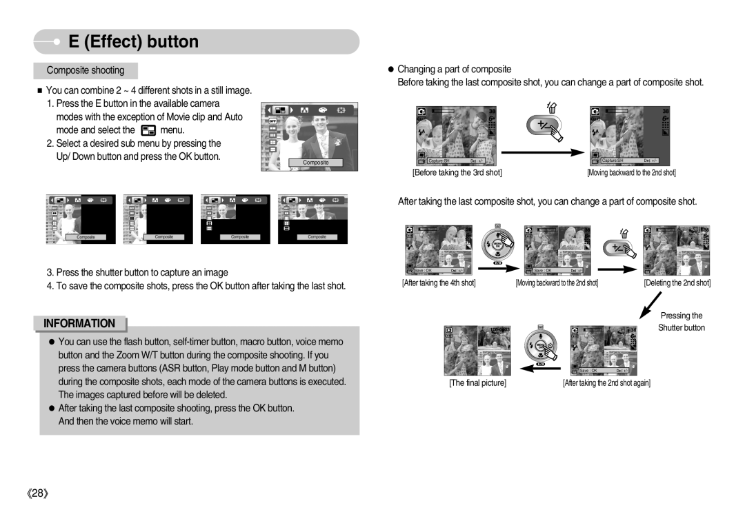 Samsung DIGIMAX-I6BL E Effect button, Information, Pressing the Shutter button, The final picture, Deleting the 2nd shot 