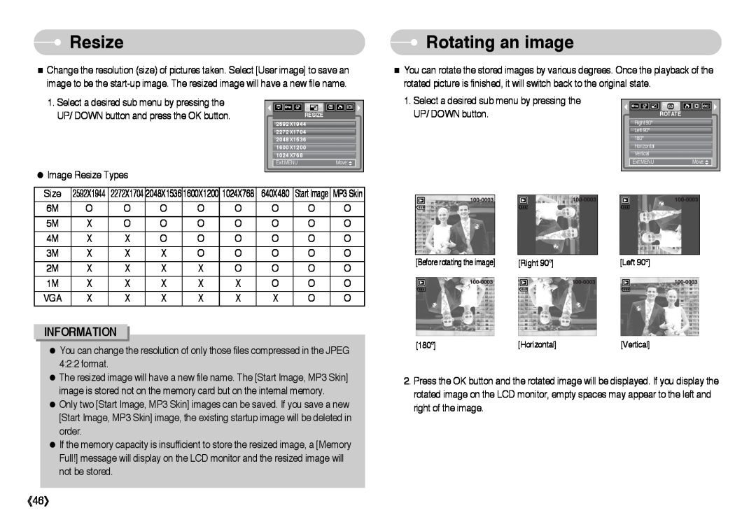 Samsung EC-I6ZZZBSA/E1, EC-I6ZZZSBB/FR, EC-I6ZZZBBB/FR manual Resize, Rotating an image, Information, Right, Left, Horizontal 