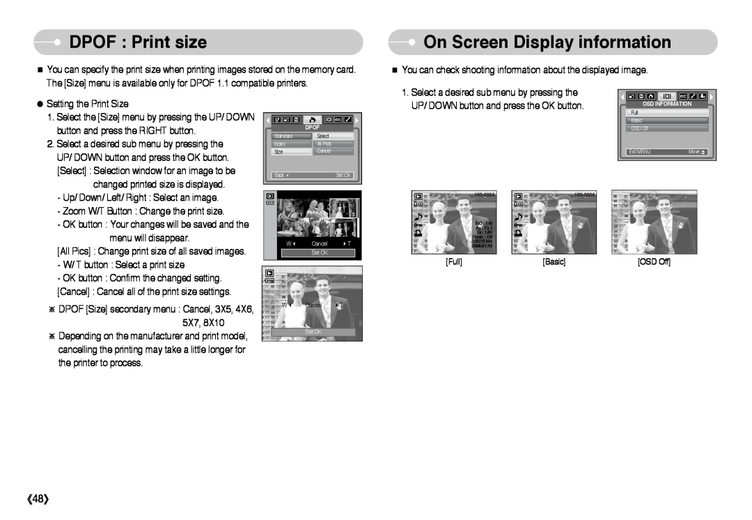 Samsung EC-I6ZZZABA/GB, EC-I6ZZZSBB/FR, EC-I6ZZZBBB/FR DPOF Print size, On Screen Display information, Full, Basic, OSD Off 