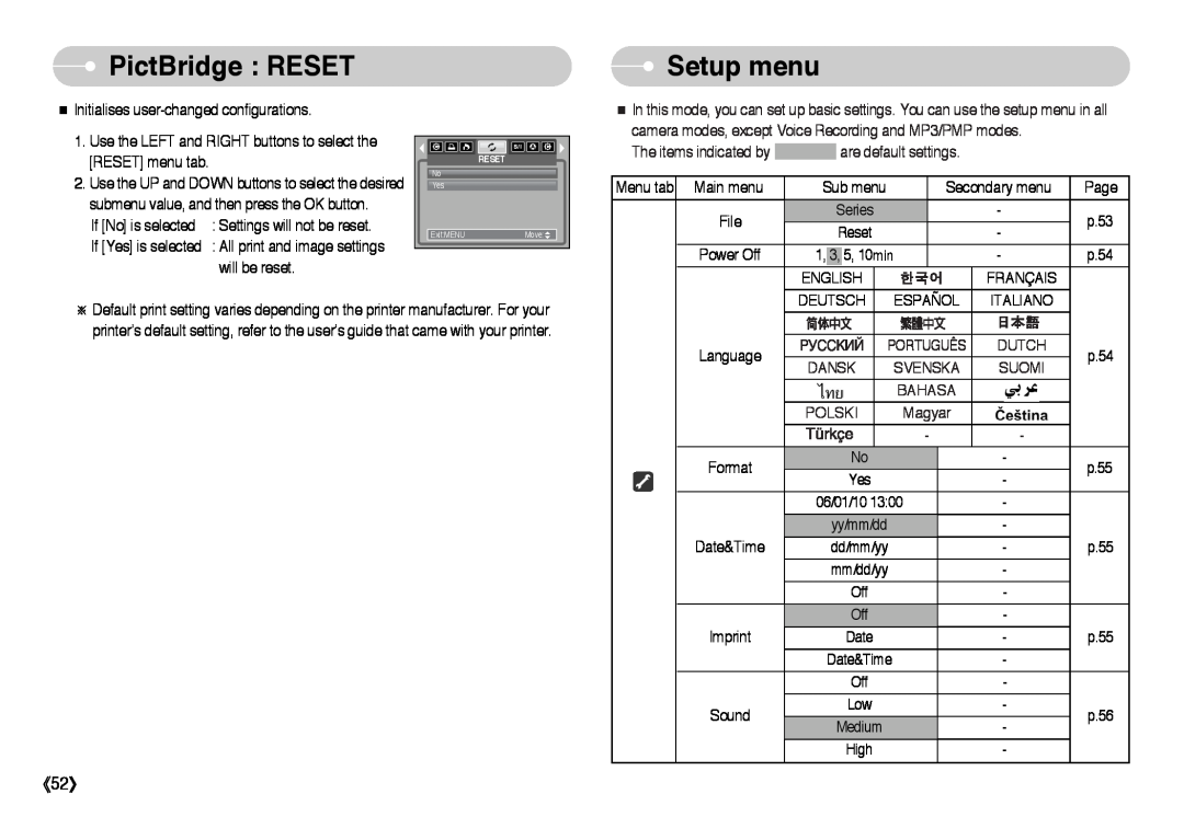 Samsung EC-I6ZZZSBB/GB PictBridge RESET, Setup menu, The items indicated by are default settings, Dansk, Svenska, Suomi 