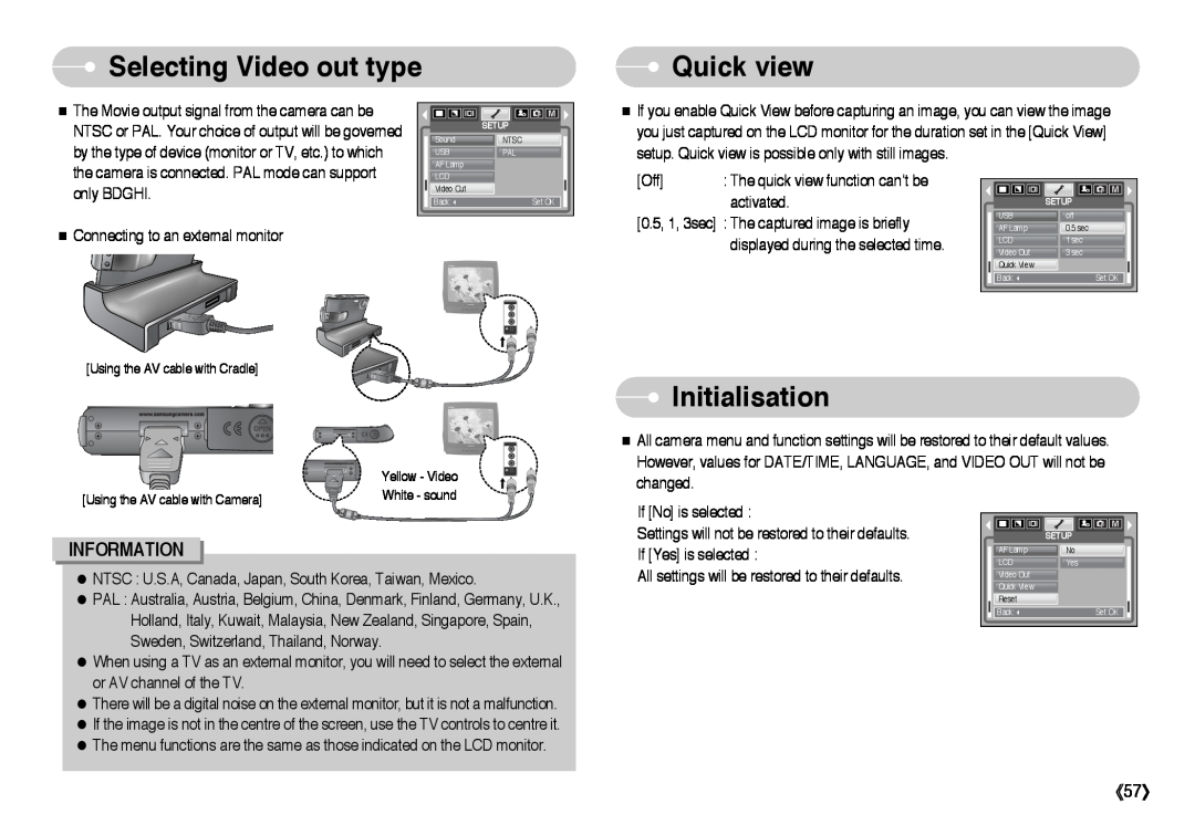 Samsung EC-I6ZZZSBC/GB Selecting Video out type, Quick view, Initialisation, Information, Using the AV cable with Camera 