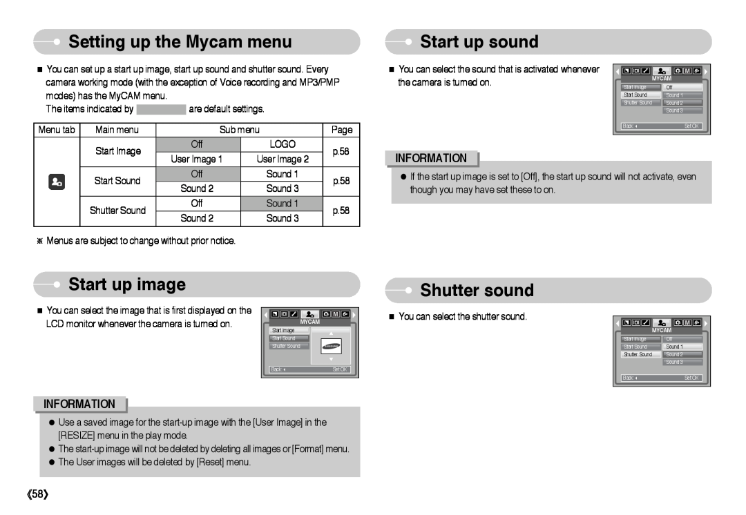 Samsung EC-I6ZZZSSA/E1, DIGIMAX-I6BL Setting up the Mycam menu, Start up sound, Start up image, Shutter sound, Information 