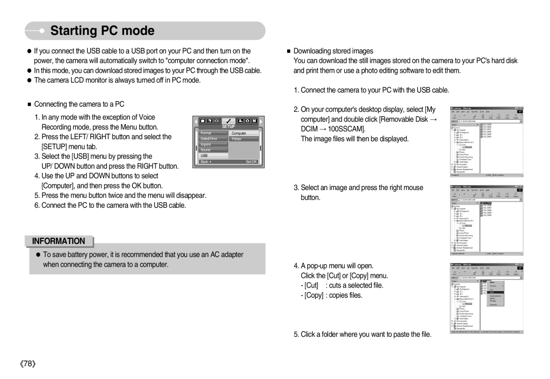 Samsung EC-I6ZZZABA/E1 manual Starting PC mode, Connecting the camera to a PC, In any mode with the exception of Voice 