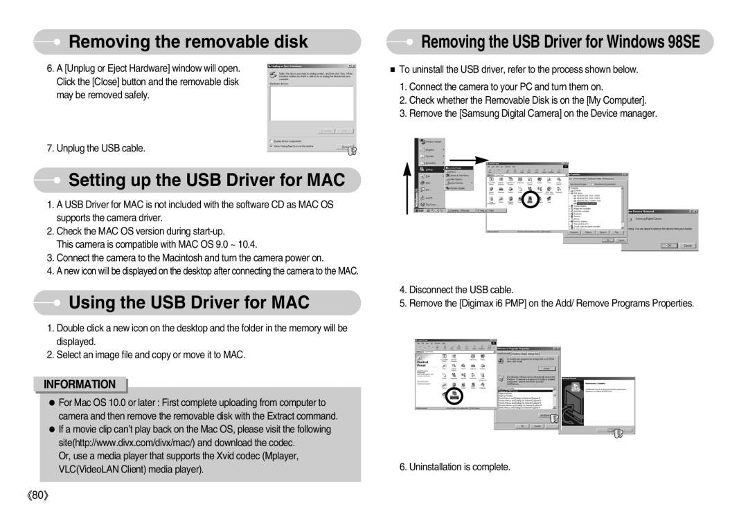 Samsung EC-I6ZZZBBC/E1 manual Setting up the USB Driver for MAC, Using the USB Driver for MAC, Removing the removable disk 