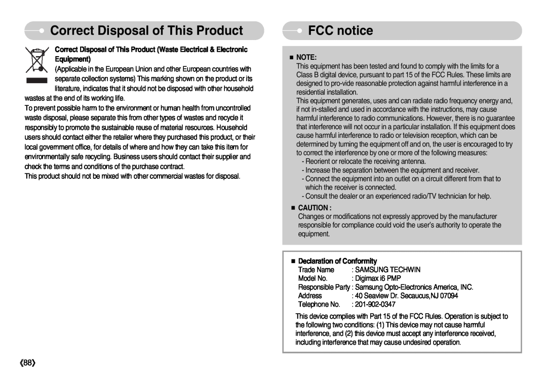 Samsung EC-I6ZZZSBC/GB, EC-I6ZZZSBB/FR, DIGIMAX-I6S Correct Disposal of This Product, FCC notice, Declaration of Conformity 