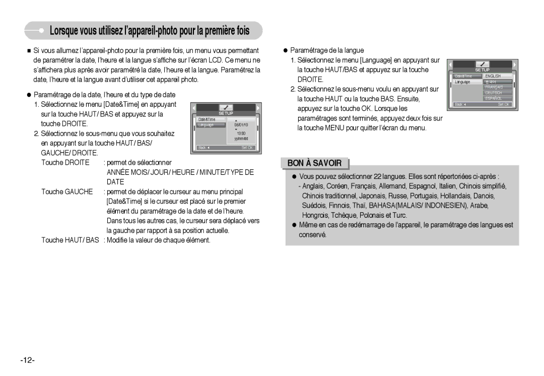 Samsung EC-I6ZZZBBB/FR, EC-I6ZZZSBB/FR, EC-I6ZZZSBA/FR manual GAUCHE/ Droite, Année MOIS/ JOUR/ Heure / MINUTE/TYPE DE, Date 