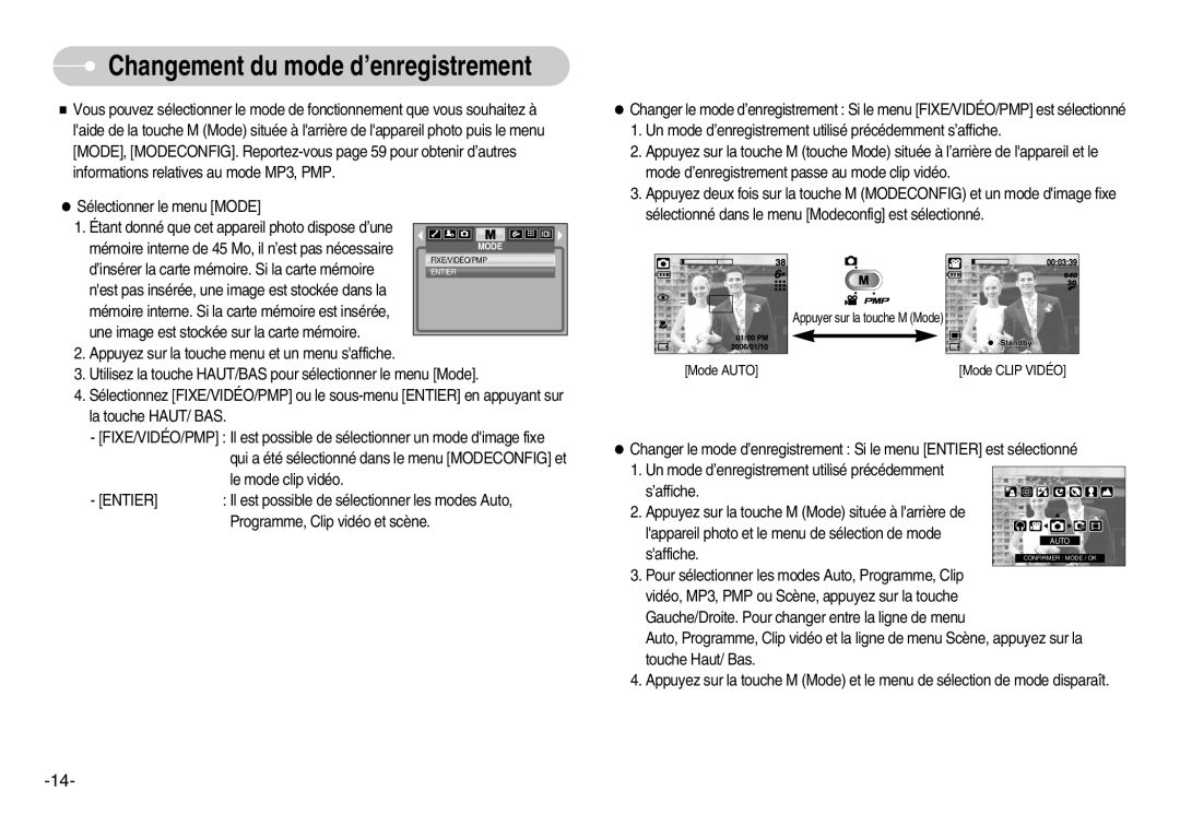 Samsung EC-I6ZZZBBA/FR, EC-I6ZZZSBB/FR, EC-I6ZZZBBB/FR, EC-I6ZZZSBA/FR manual Changement du mode d’enregistrement 