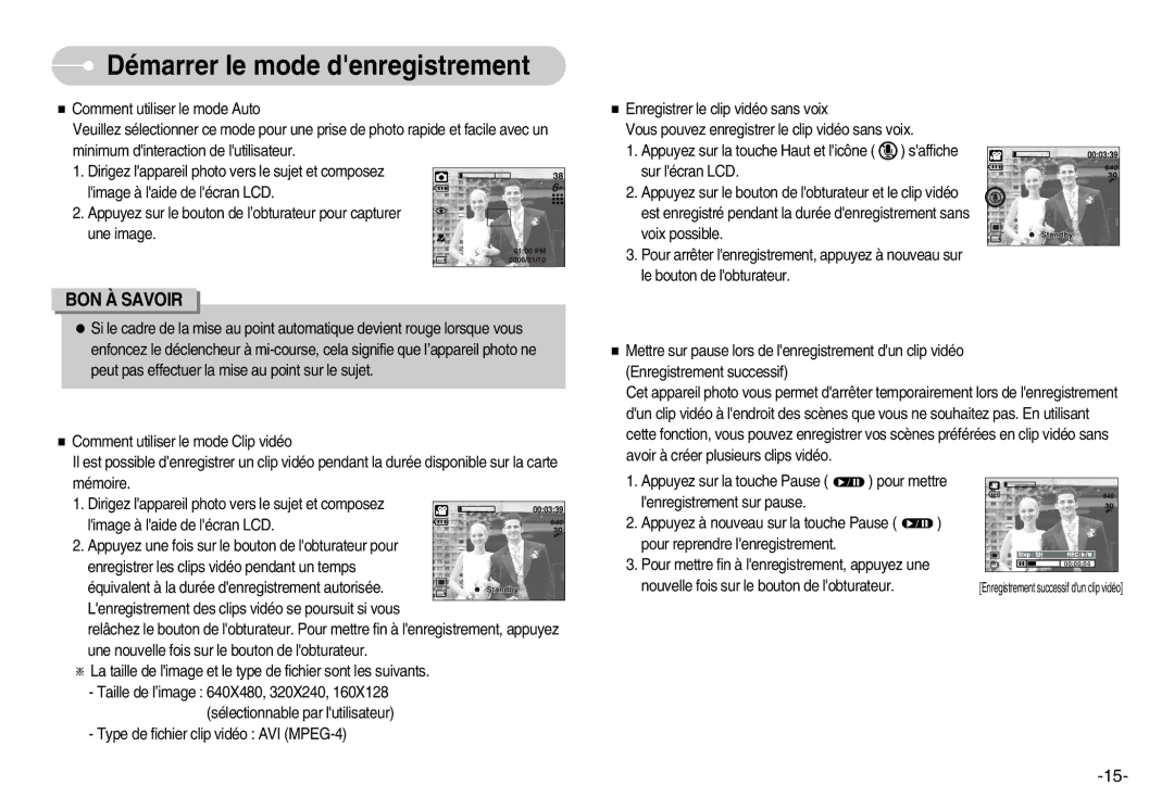 Samsung EC-I6ZZZSBB/FR, EC-I6ZZZBBB/FR, EC-I6ZZZSBA/FR, EC-I6ZZZBBA/FR manual Démarrer le mode denregistrement 